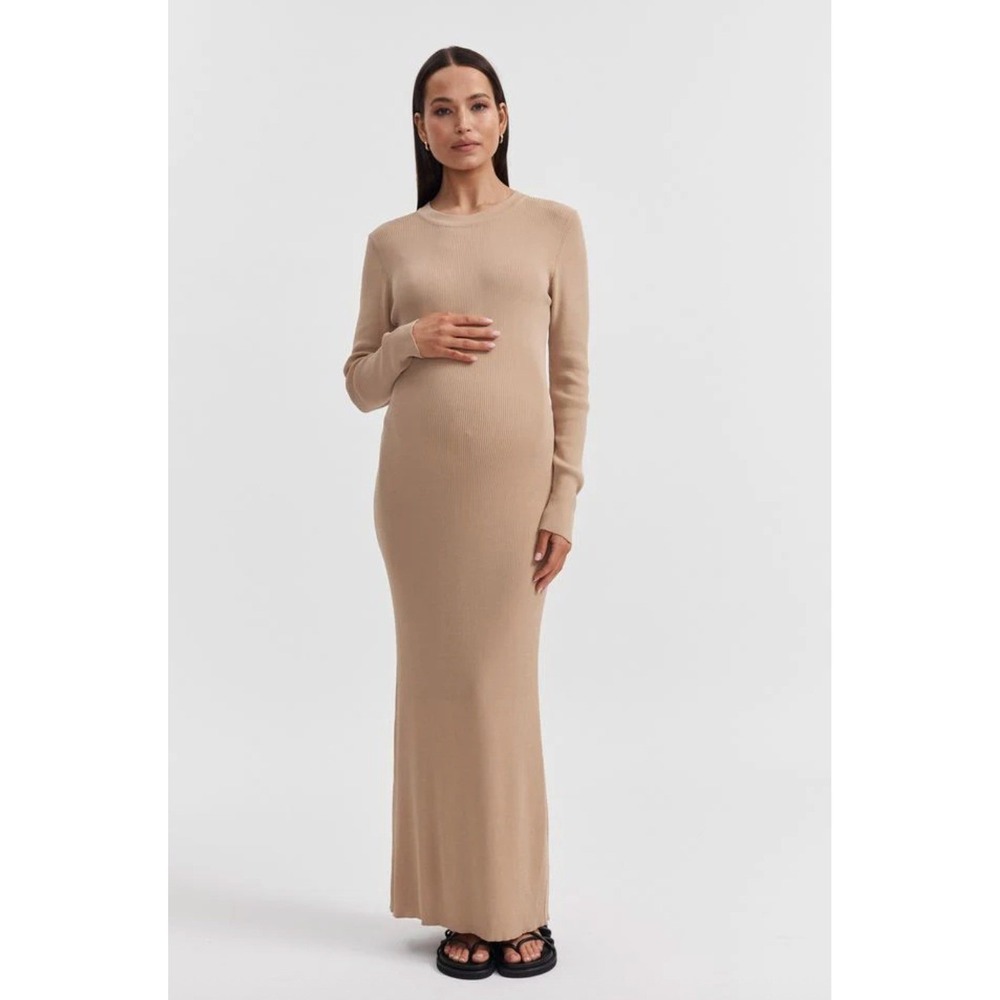 NWT LEGOE Heritage LS Formentera Maxi Dress Latte Ribbed Knit Size 0 Maternity